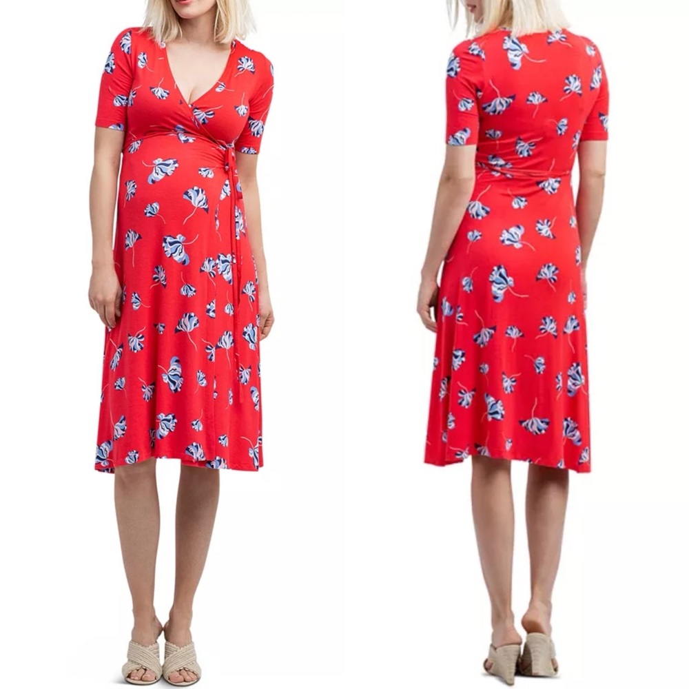 Nom Maternity Maya Floral Print During & After Wrap Midi Dress Red